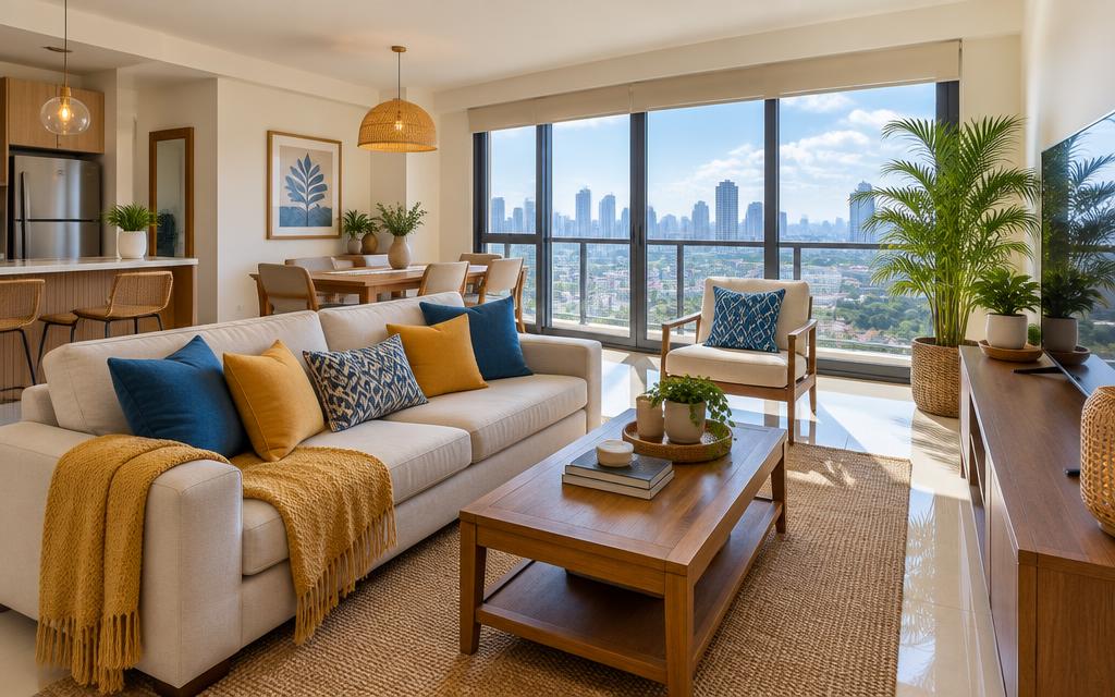 Bright condo living room with a city view