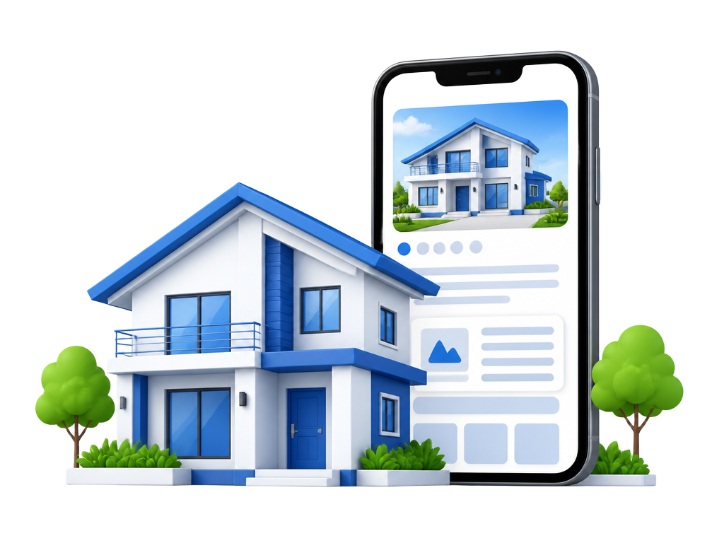 House and phone showing a rental listing